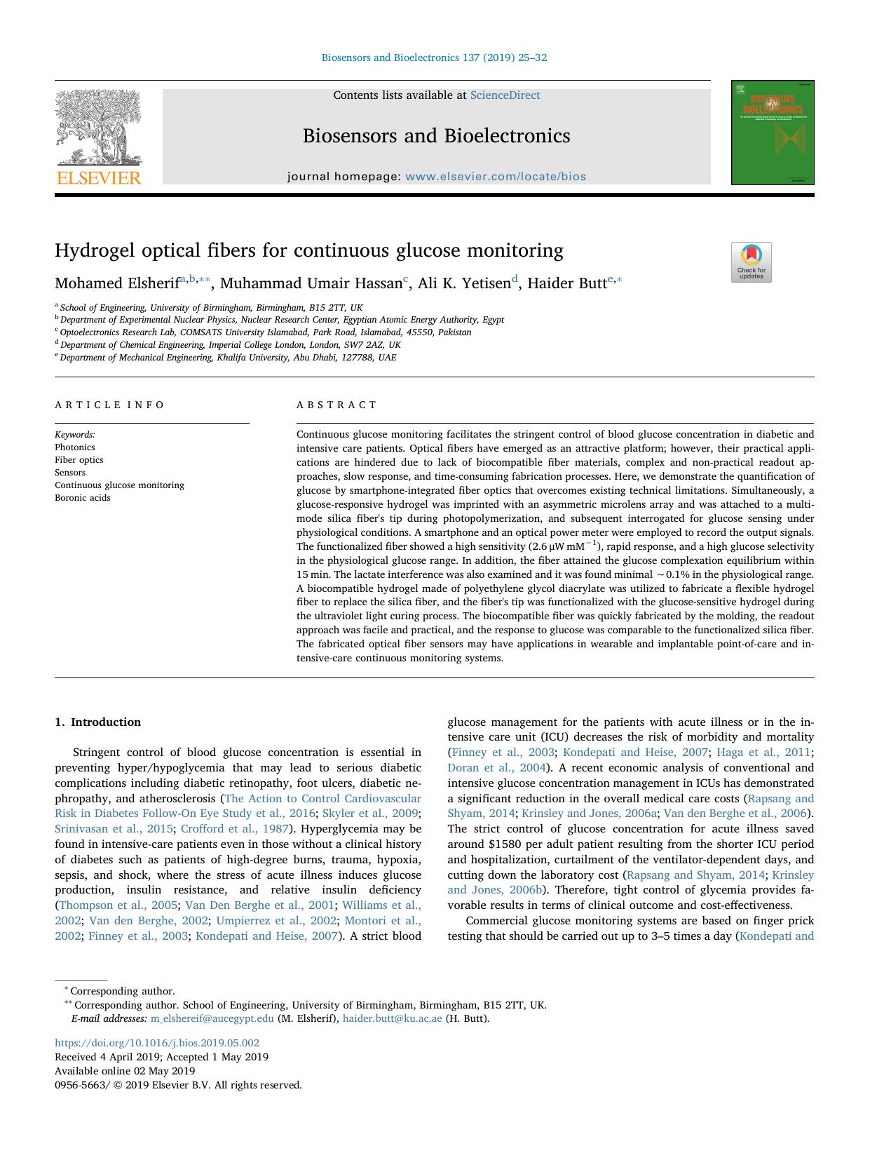 Hydrogel optical fibers for continuous glucose monitoring by Mohamed Elsherif & Muhammad Umair Hassan & Ali K. Yetisen & Haider Butt