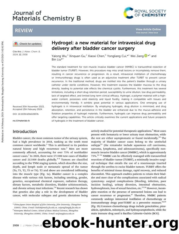Hydrogel: a new material for intravesical drug delivery after bladder cancer surgery by Yalong Wu & Xinquan Gu & Xiaoxi Chen & Yongliang Cui & Wei Jiang & Bin Liu