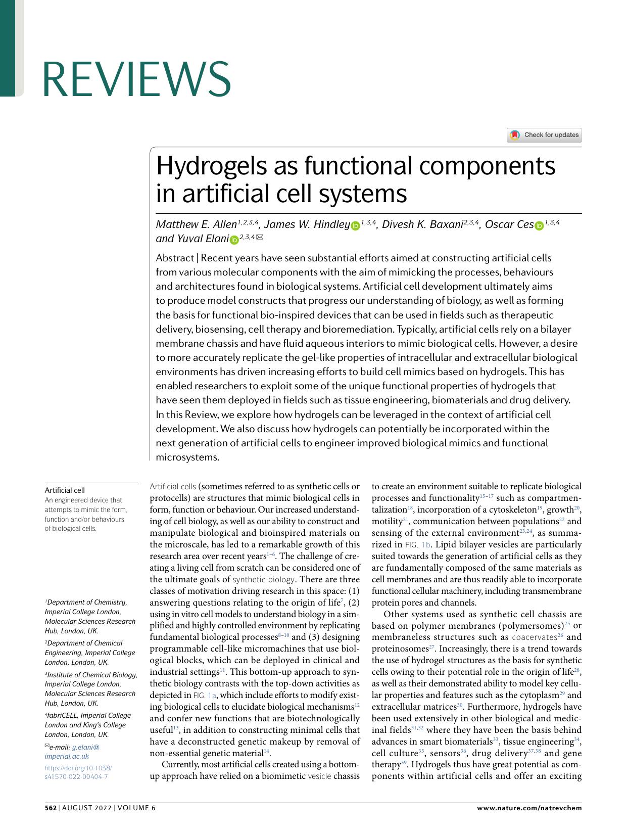 Hydrogels as functional components in artificial cell systems by Matthew E. Allen & James W. Hindley & Divesh K. Baxani & Oscar Ces & Yuval Elani