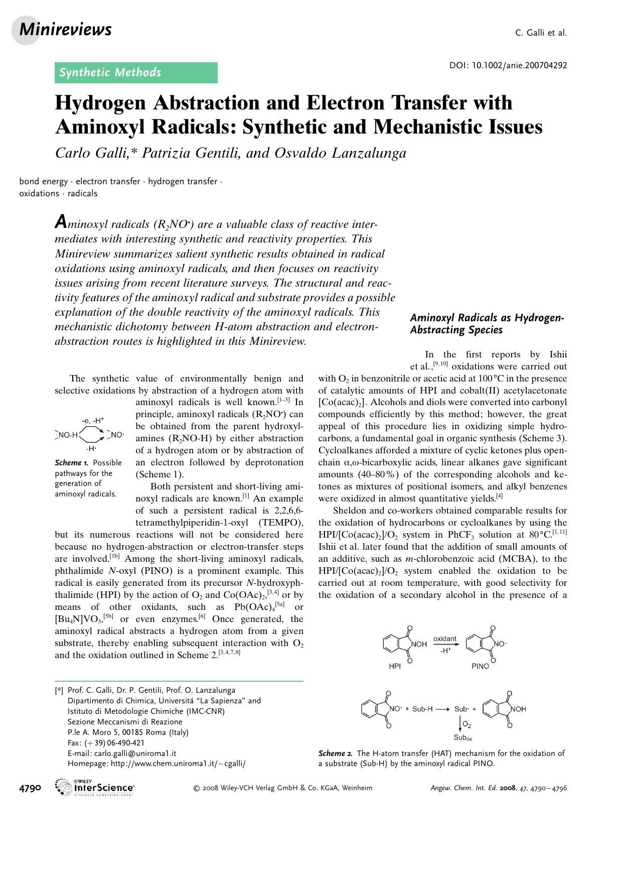 Hydrogen Abstraction and Electron Transfer with Aminoxyl Radicals: Synthetic and Mechanistic Issues by Unknown