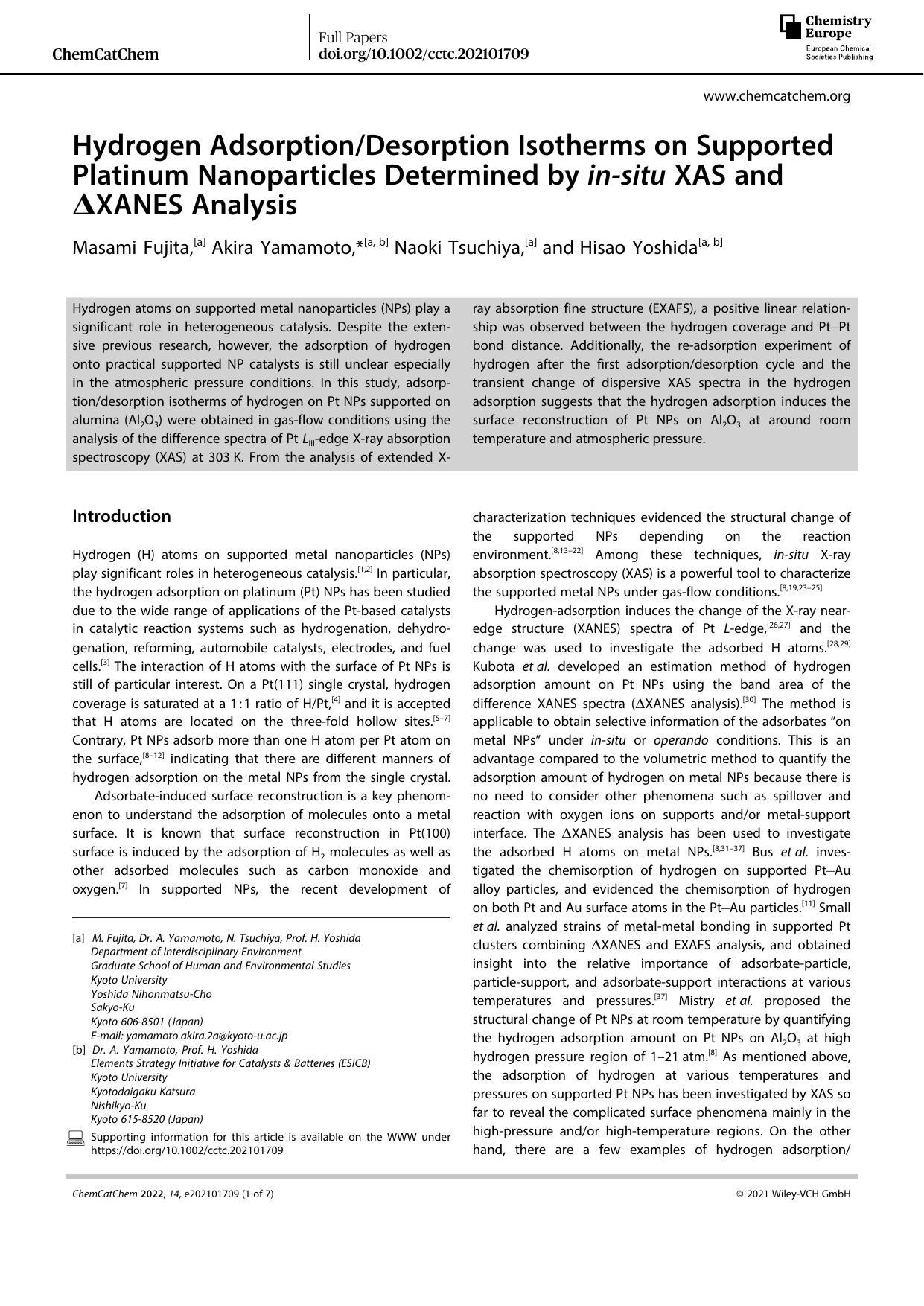 Hydrogen AdsorptionDesorption Isotherms on Supported Platinum Nanoparticles Determined by inâsitu XAS and ÎXANES Analysis by Unknown
