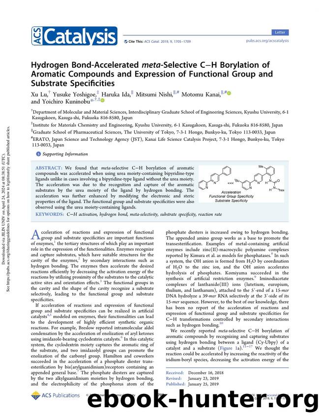 Hydrogen Bond-Accelerated meta-Selective CâH Borylation of Aromatic Compounds and Expression of Functional Group and Substrate Specificities by Xu Lu Yusuke Yoshigoe Haruka Ida Mitsumi Nishi Motomu Kanai & Yoichiro Kuninobu