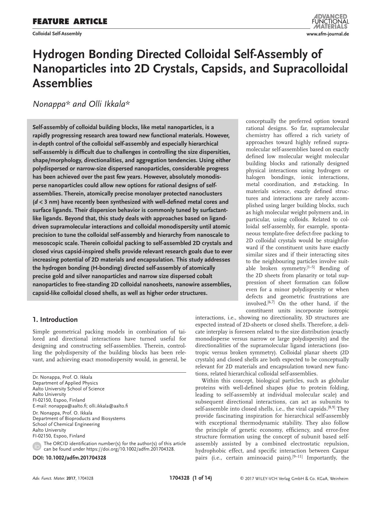 Hydrogen Bonding Directed Colloidal Self‐Assembly of Nanoparticles into 2D Crystals, Capsids, and Supracolloidal Assemblies by Unknown