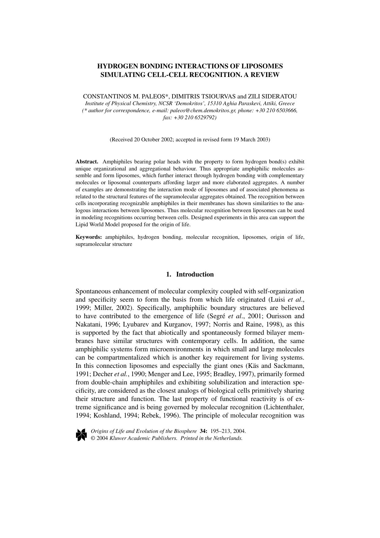Hydrogen Bonding Interactions of Liposomes Simulating Cell-Cell Recognition. A Review by Unknown