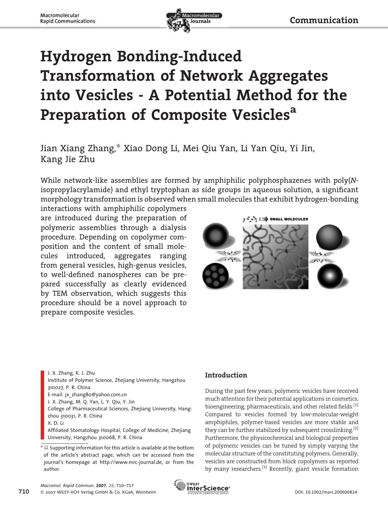 Hydrogen Bonding-Induced Transformation of Network Aggregates into Vesicles - A Potential Method for the Preparation of Composite Vesicles by Unknown