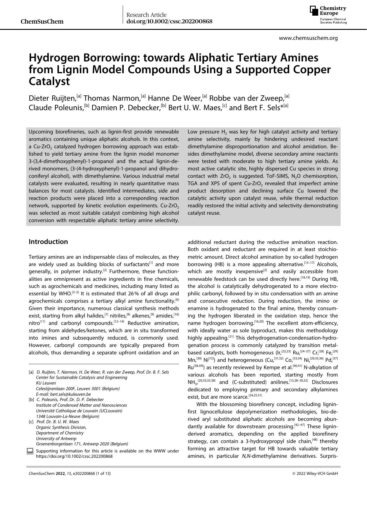 Hydrogen Borrowing: towards Aliphatic Tertiary Amines from Lignin Model Compounds Using a Supported Copper Catalyst by Unknown