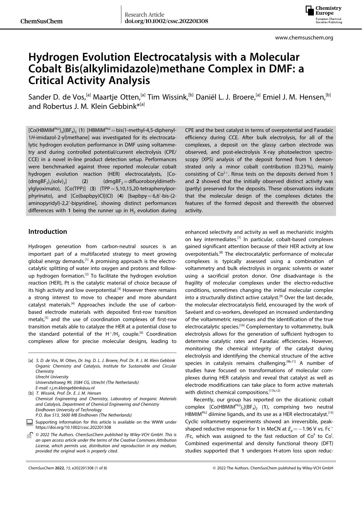 Hydrogen Evolution Electrocatalysis with a Molecular Cobalt Bis(alkylimidazole)methane Complex in DMF: a Critical Activity Analysis by Unknown