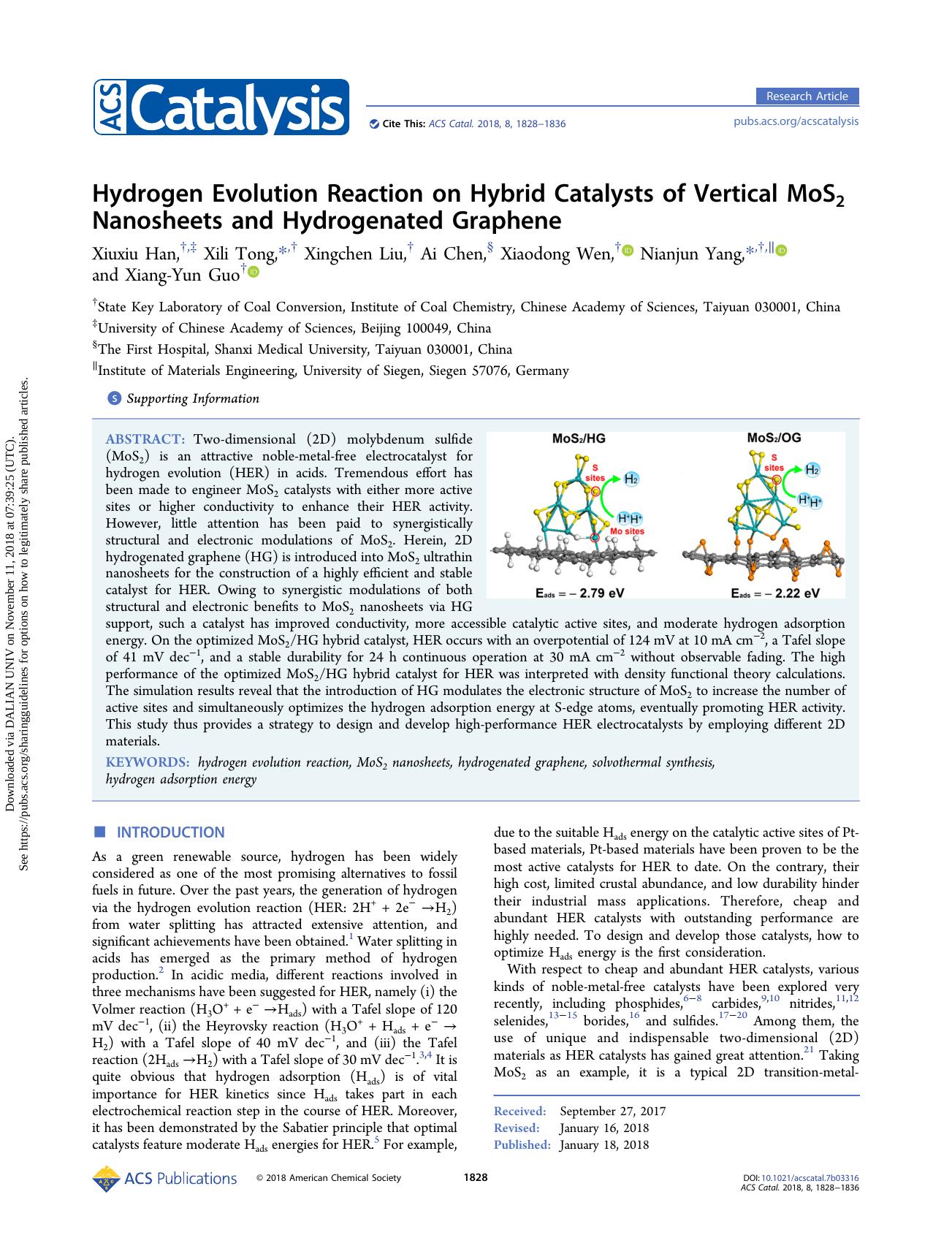 Hydrogen Evolution Reaction on Hybrid Catalysts of Vertical MoS2 Nanosheets and Hydrogenated Graphene by Xiuxiu Han Xili Tong Xingchen Liu Ai Chen Xiaodong Wen Nianjun Yang & Xiang-Yun Guo