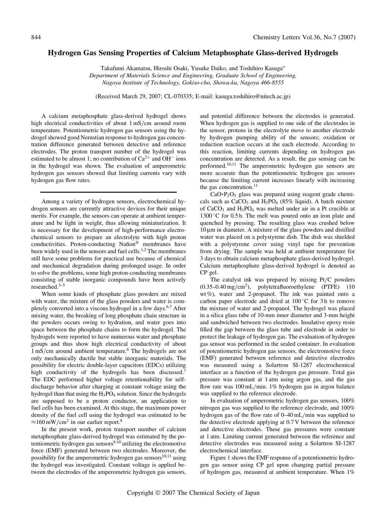Hydrogen Gas Sensing Properties of Calcium Metaphosphate Glass-derived Hydrogels by Takafumi Akamatsu Hiroshi Osaki Yusuke Daiko and Toshihiro Kasuga