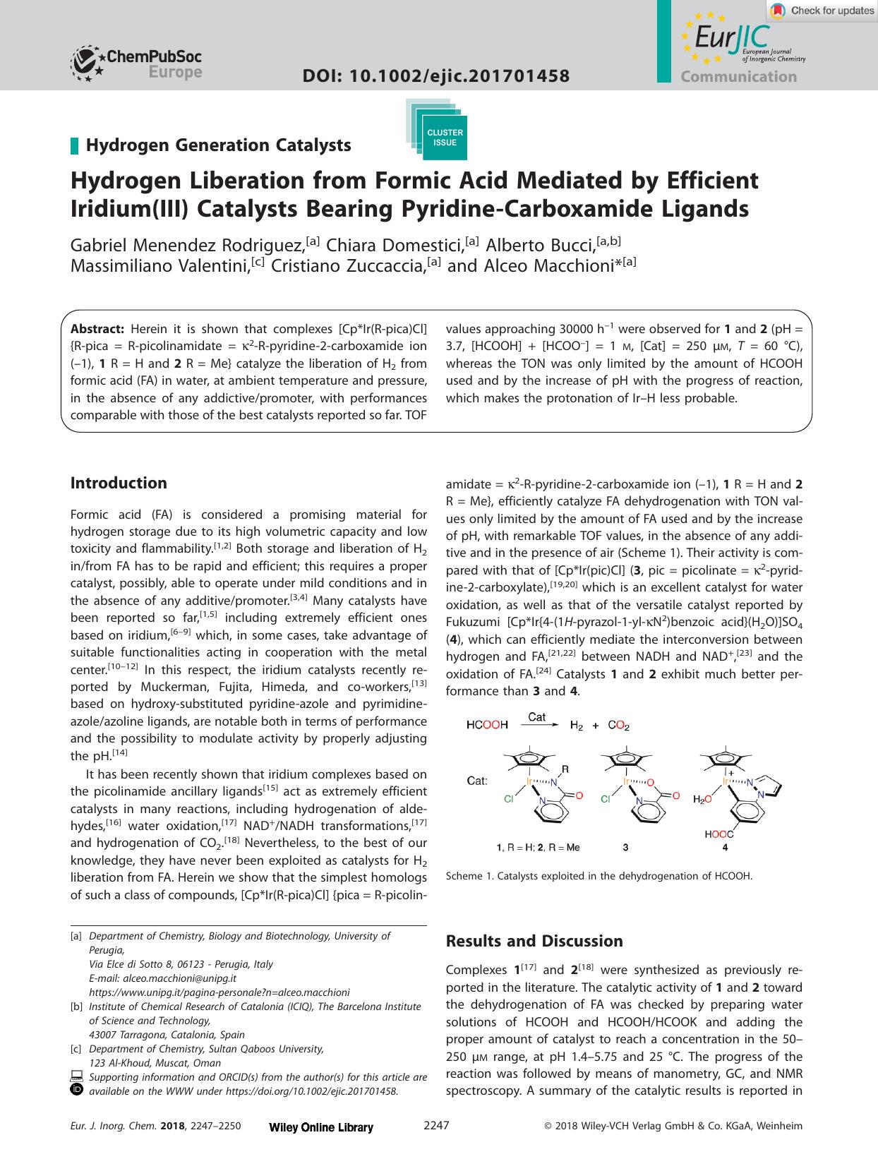 Hydrogen Liberation from Formic Acid Mediated by Efficient Iridium(III) Catalysts Bearing PyridineâCarboxamide Ligands by Unknown
