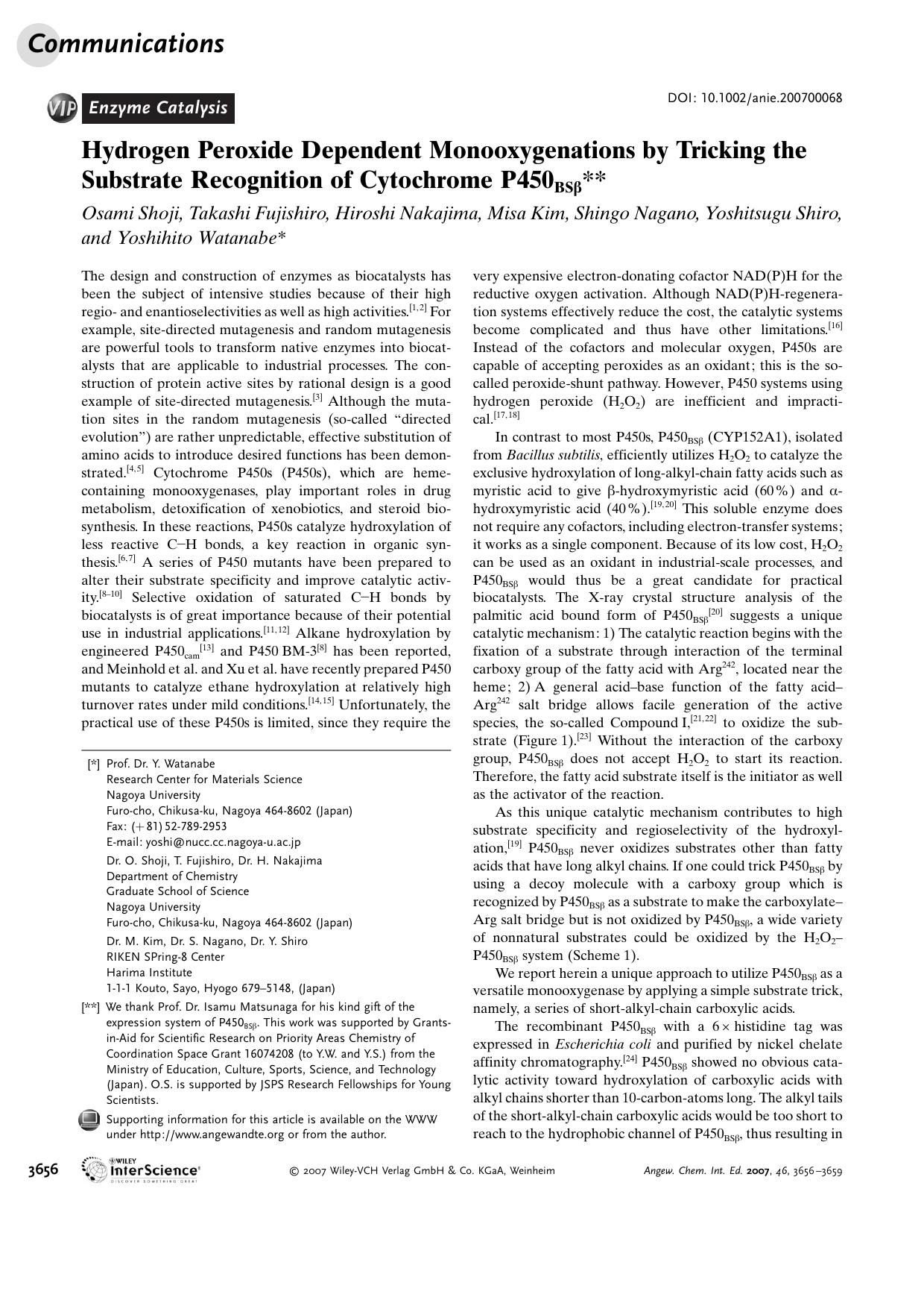Hydrogen Peroxide Dependent Monooxygenations by Tricking the Substrate Recognition of Cytochrome P450BS[beta] by Unknown