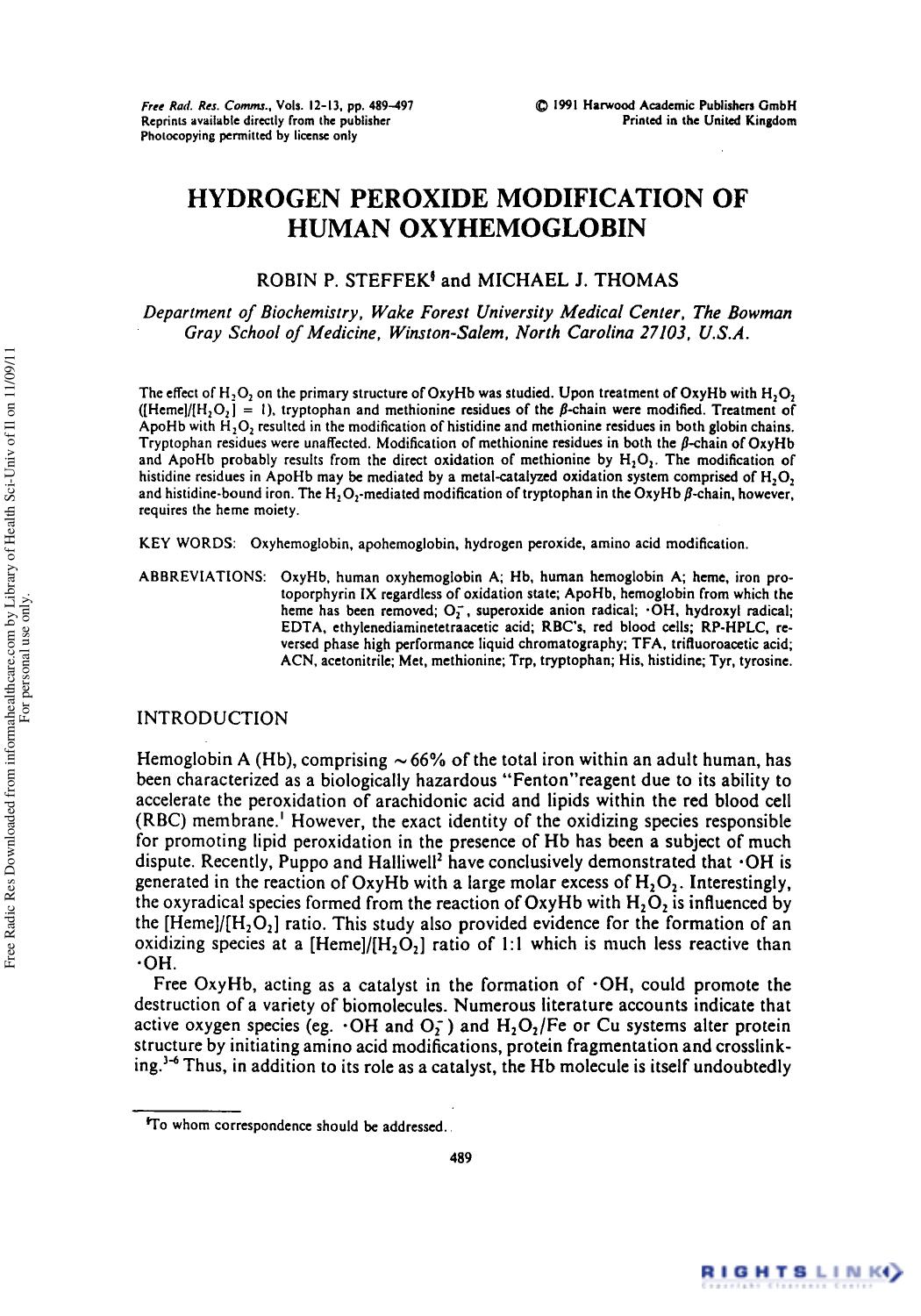 Hydrogen Peroxide Modification of Human Oxyhemoglobin by Robin P. Steffek1 & Michael J. Thomas1