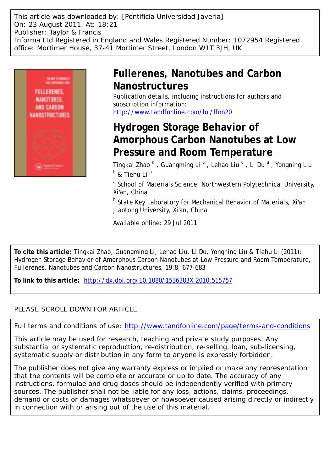 Hydrogen Storage Behavior of Amorphous Carbon Nanotubes at Low Pressure and Room Temperature by unknow