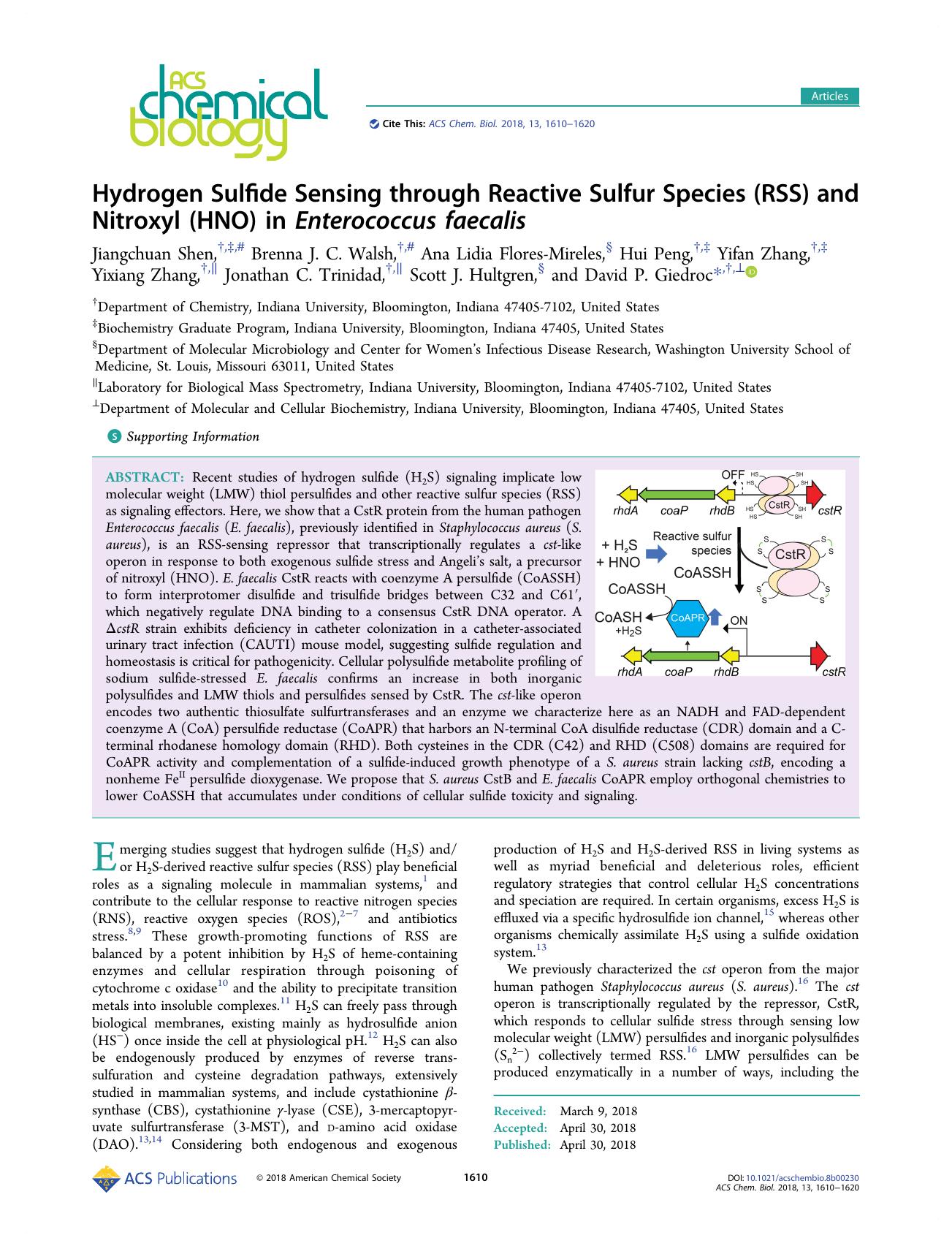Hydrogen Sulfide Sensing through Reactive Sulfur Species (RSS) and Nitroxyl (HNO) in Enterococcus faecalis by unknow