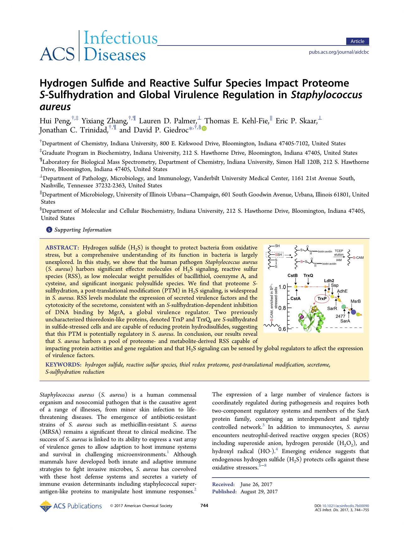 Hydrogen Sulfide and Reactive Sulfur Species Impact Proteome S-Sulfhydration and Global Virulence Regulation in Staphylococcus aureus by unknow