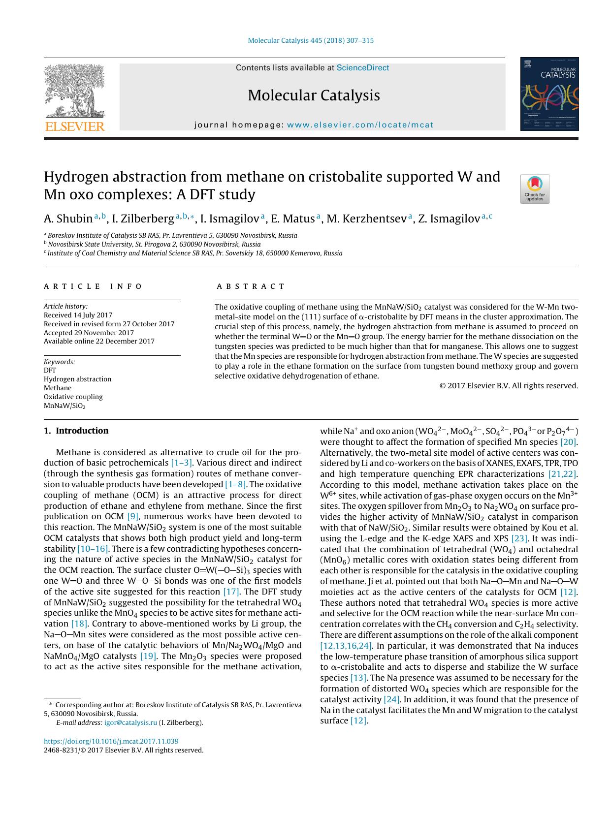 Hydrogen abstraction from methane on cristobalite supported W and Mn oxo complexes: A DFT study by A. Shubin & I. Zilberberg & I. Ismagilov & E. Matus & M. Kerzhentsev & Z. Ismagilov