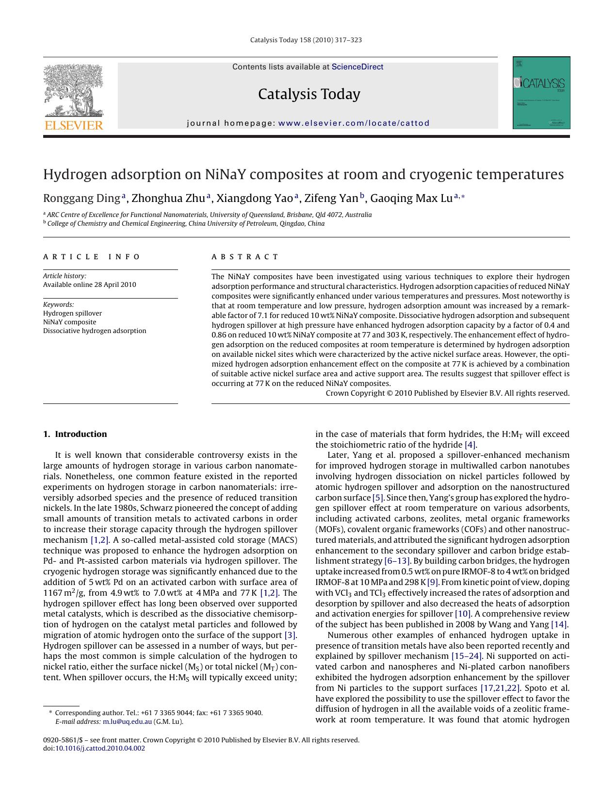 Hydrogen adsorption on NiNaY composites at room and cryogenic temperatures by Ronggang Ding