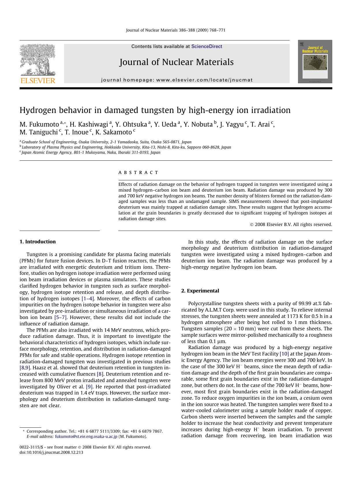 Hydrogen behavior in damaged tungsten by high-energy ion irradiation by unknow