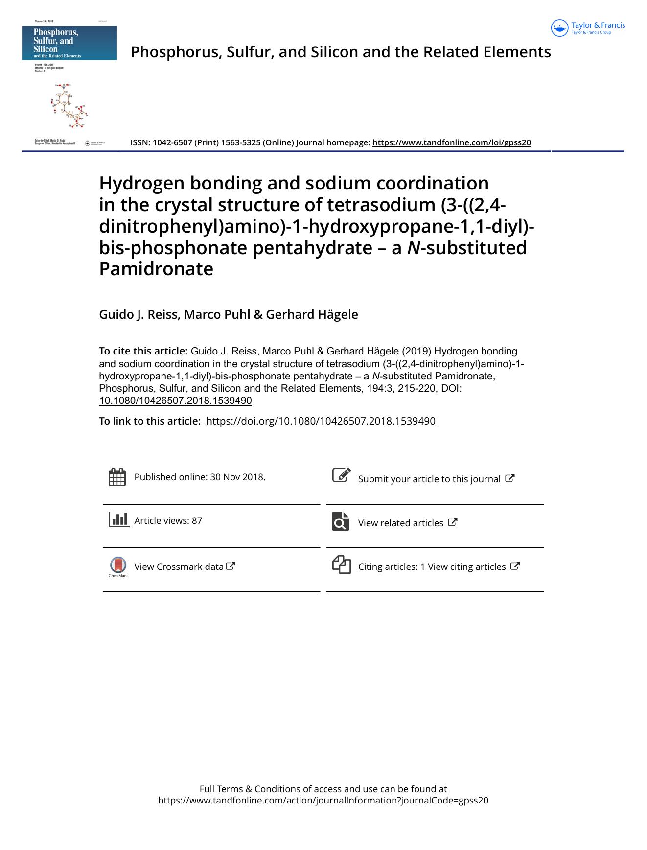 Hydrogen bonding and sodium coordination in the crystal structure of tetrasodium (3-((2,4-dinitrophenyl)amino)-1-hydroxypropane-1,1-diyl)-bis-phosphonate pentahydrate â a N-substituted Pamidronate by Reiss Guido J. & Puhl Marco & Hägele Gerhard