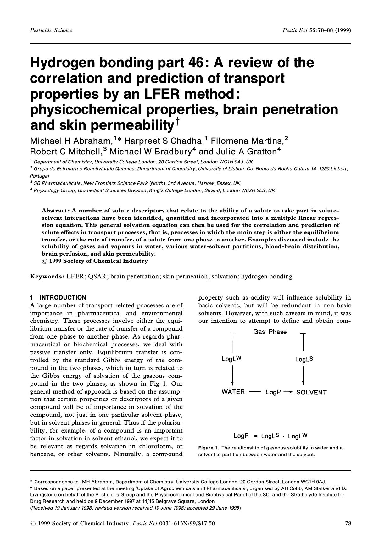 Hydrogen bonding part 46: a review of the correlation and prediction of transport properties by an lfer method: physicochemical properties, brain penetration and skin permeability by Unknown