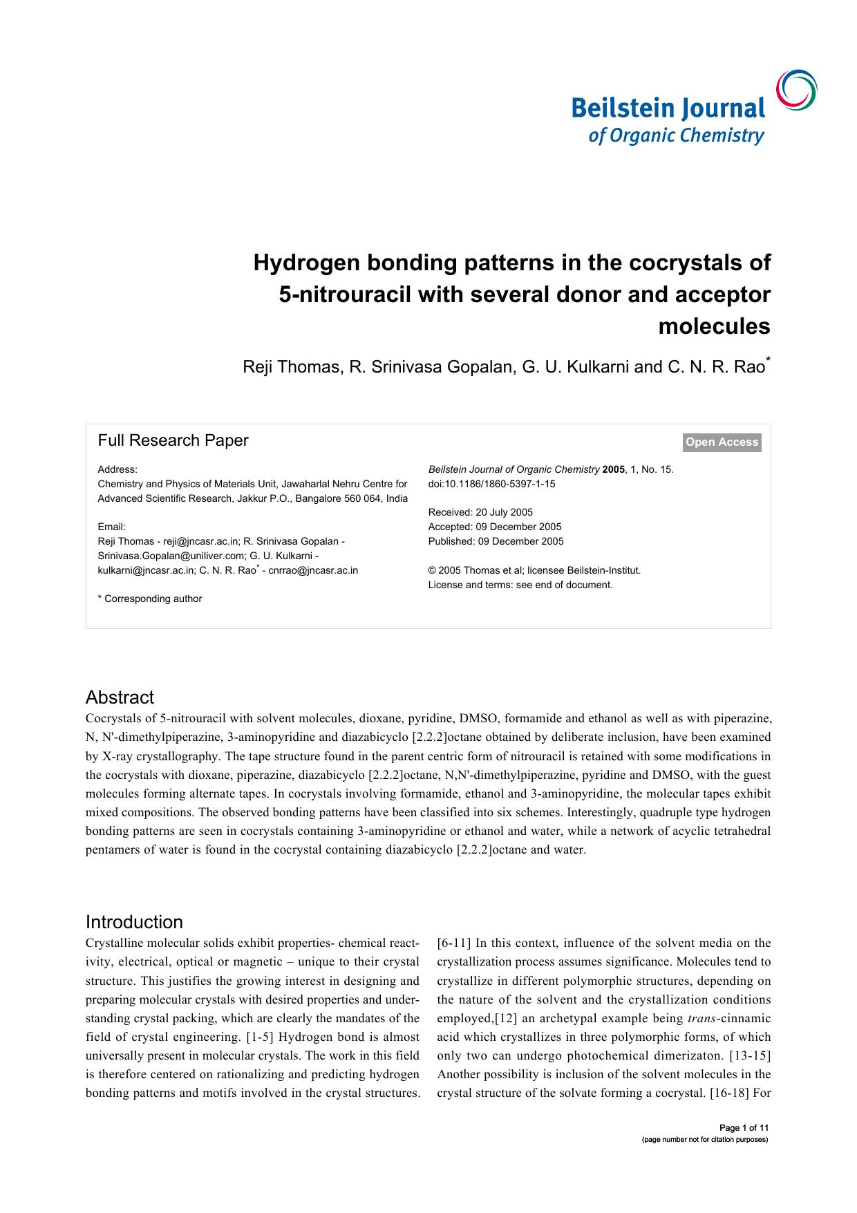 Hydrogen bonding patterns in the cocrystals of 5-nitrouracil with several donor and acceptor molecules by Reji Thomas R Srinivasa Gopalan G U Kulkarni C N R Rao