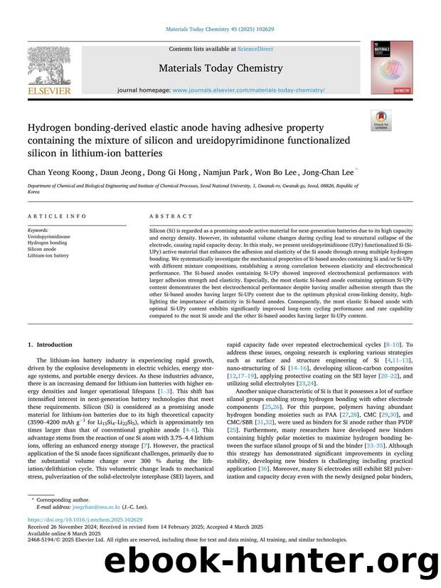 Hydrogen bonding-derived elastic anode having adhesive property containing the mixture of silicon and ureidopyrimidinone functionalized silicon in lithium-ion batteries by Chan Yeong Koong & Daun Jeong & Dong Gi Hong & Namjun Park & Won Bo Lee & Jong-Chan Lee