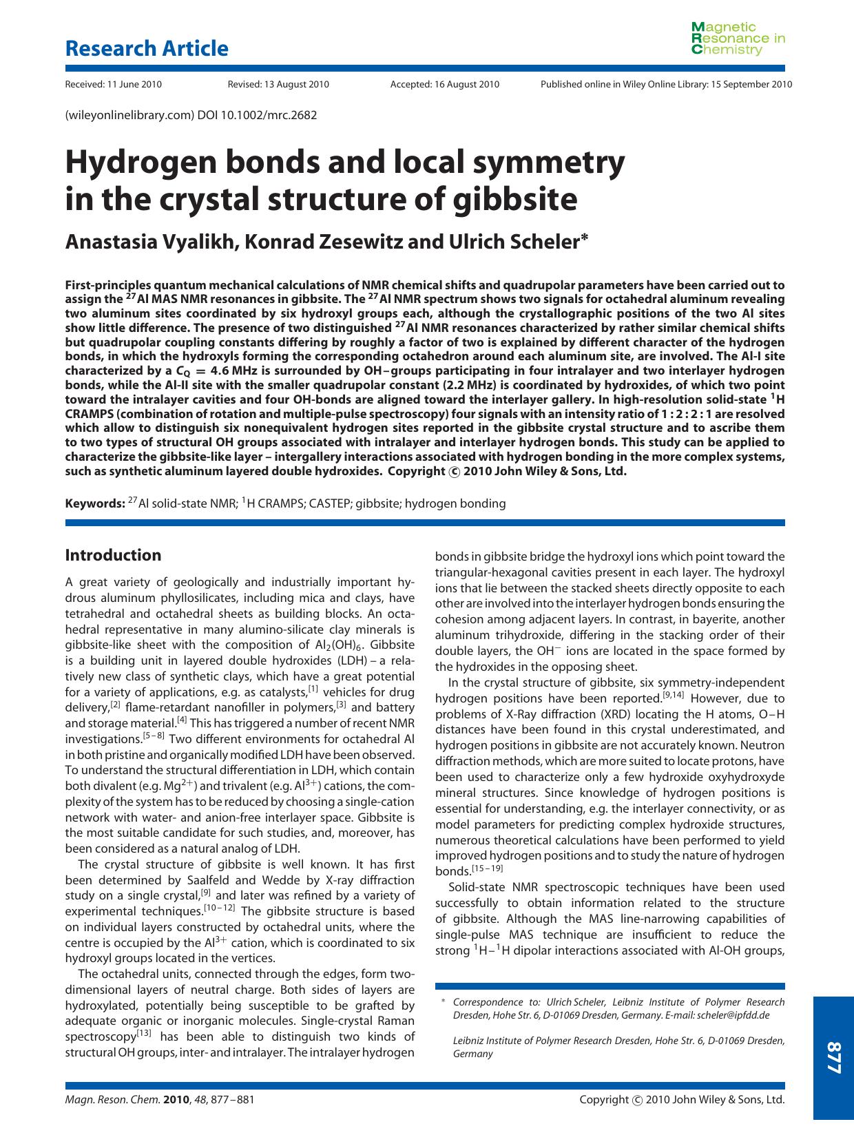 Hydrogen bonds and local symmetry in the crystal structure of gibbsite by Unknown