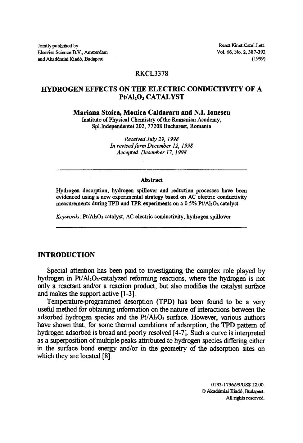 Hydrogen effects on the electric conductivity of a PtAl <Subscript>2 <Subscript>O <Subscript>3 <Subscript> catalyst by Unknown