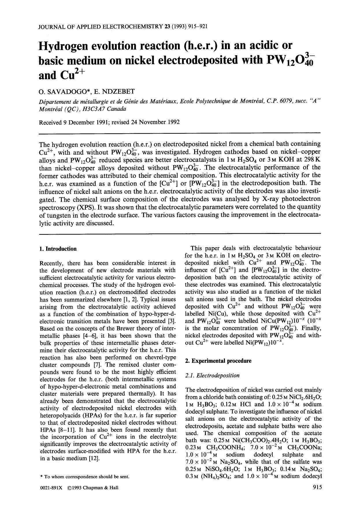 Hydrogen evolution reaction (h.e.r.) in an acidic or basic medium on nickel electrodeposited with PW <Subscript>12 <Subscript>O <Stack> <Subscript>40 <Subscript> <Superscript>3- <S by Unknown