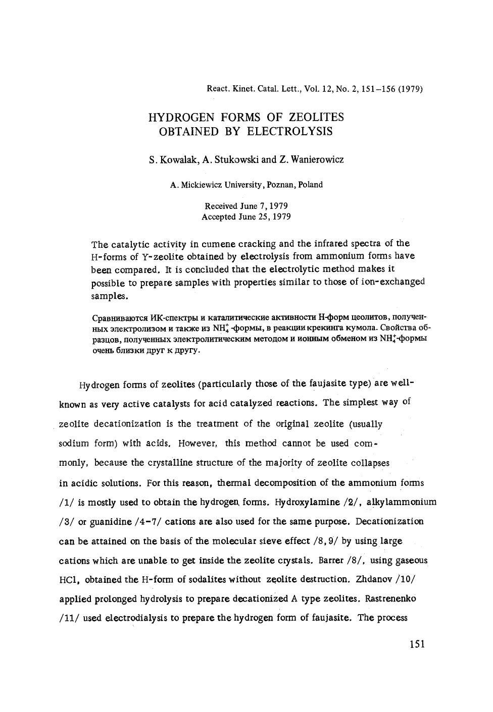 Hydrogen forms of zeolites obtained by electrolysis by Unknown
