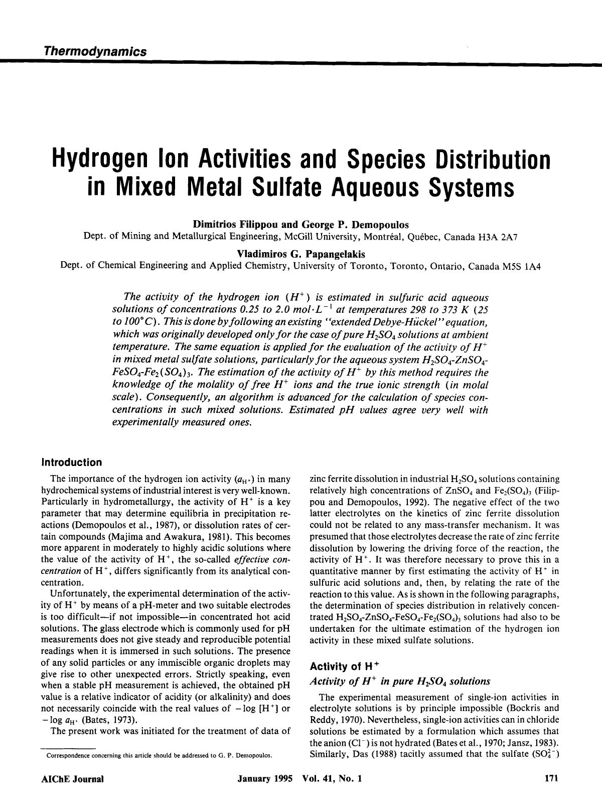 Hydrogen ion activities and species distribution in mixed metal sulfate aqueous systems by Unknown