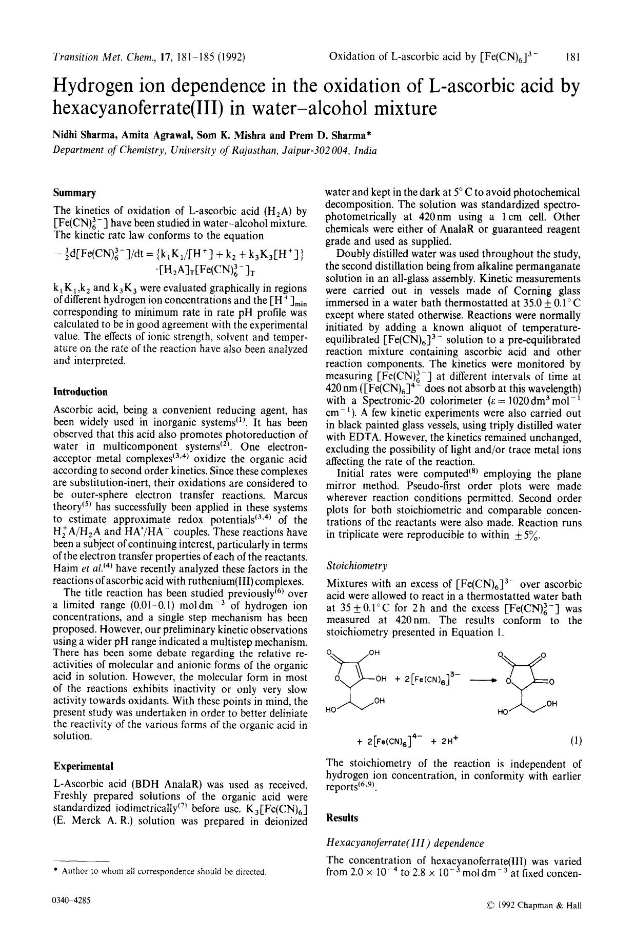 Hydrogen ion dependence in the oxidation of L-ascorbic acid by hexacyanoferrate(III) in water-alcohol mixture by Unknown