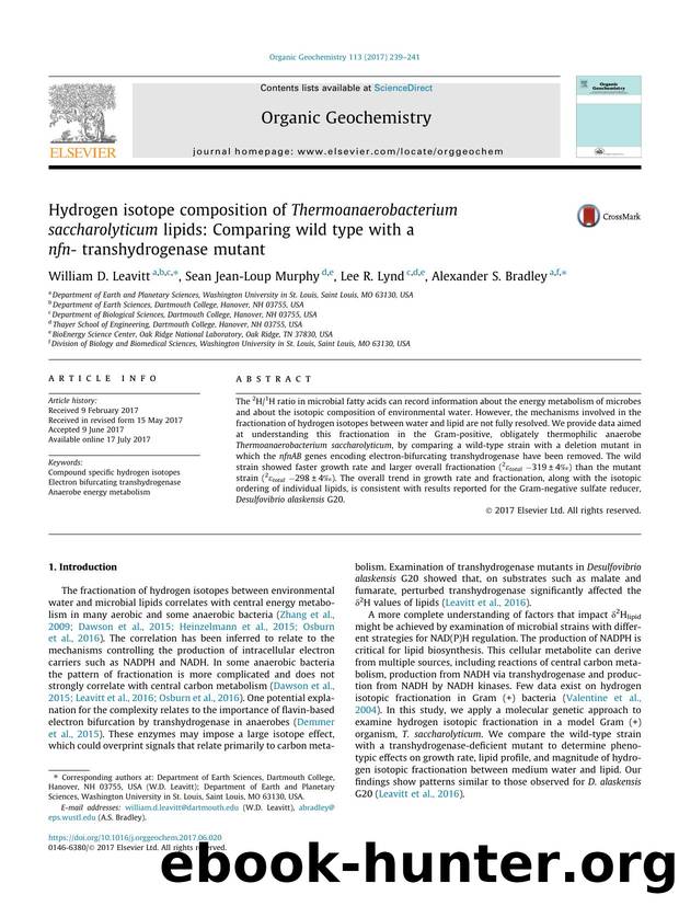 Hydrogen isotope composition of Thermoanaerobacterium saccharolyticum lipids: Comparing wild type with a nfn- transhydrogenase mutant by William D. Leavitt & Sean Jean-Loup Murphy & Lee R. Lynd & Alexander S. Bradley