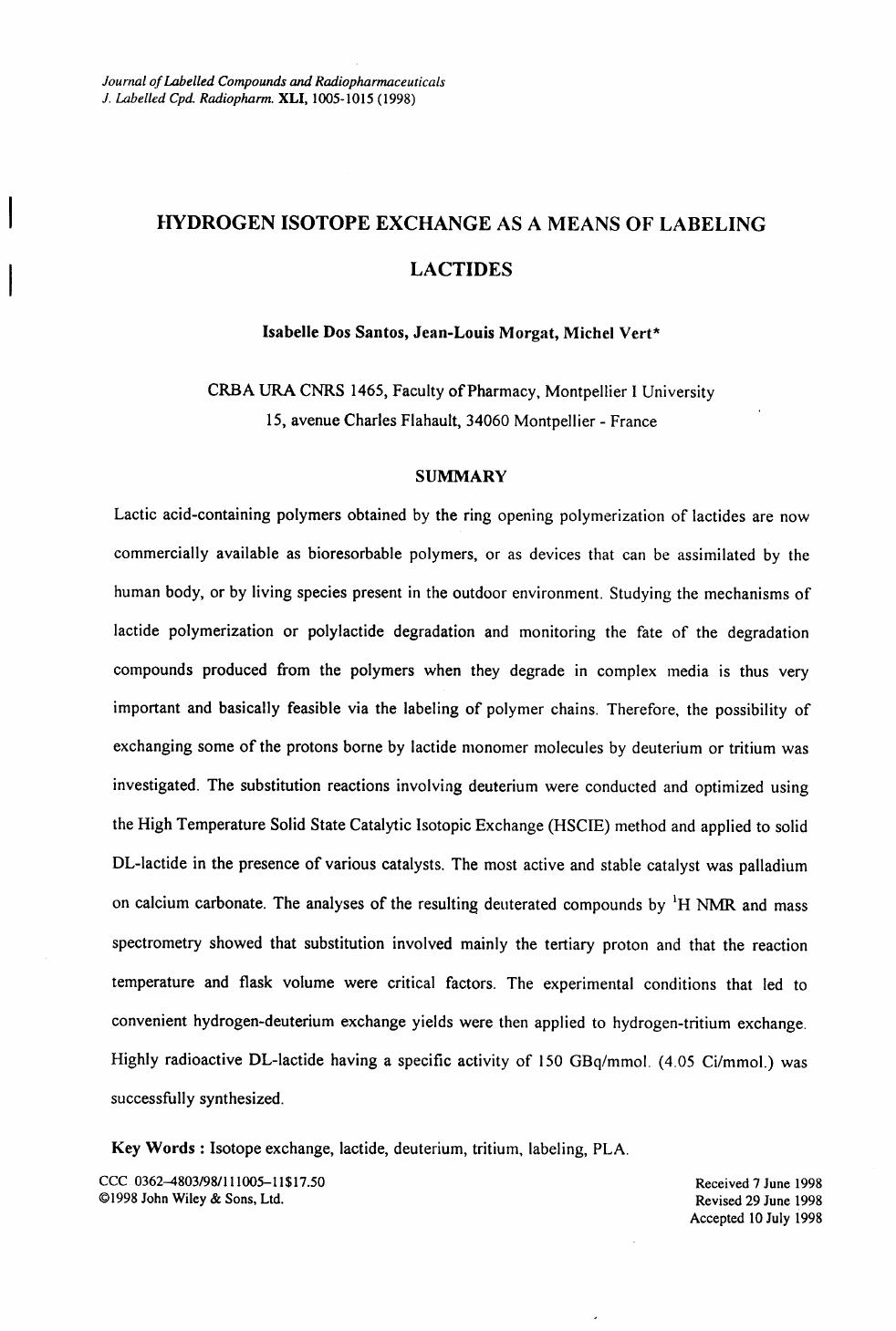 Hydrogen isotope exchange as a means of labeling lactides by Unknown