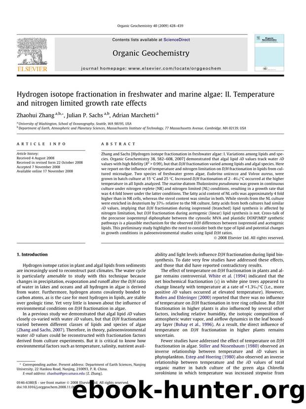 Hydrogen isotope fractionation in freshwater and marine algae: II. Temperature and nitrogen limited growth rate effects by Zhaohui Zhang; Julian P. Sachs; Adrian Marchetti