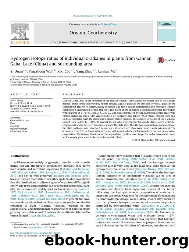 Hydrogen isotope ratios of individual n-alkanes in plants from Gannan Gahai Lake (China) and surrounding area by Yi Duan & Yingzhong Wu & Xixi Cao & Yang Zhao & Lanhua Ma