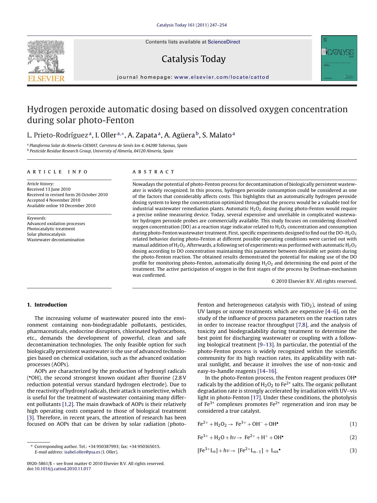 Hydrogen peroxide automatic dosing based on dissolved oxygen concentration during solar photo-Fenton by L. Prieto-RodrÃ­guez
