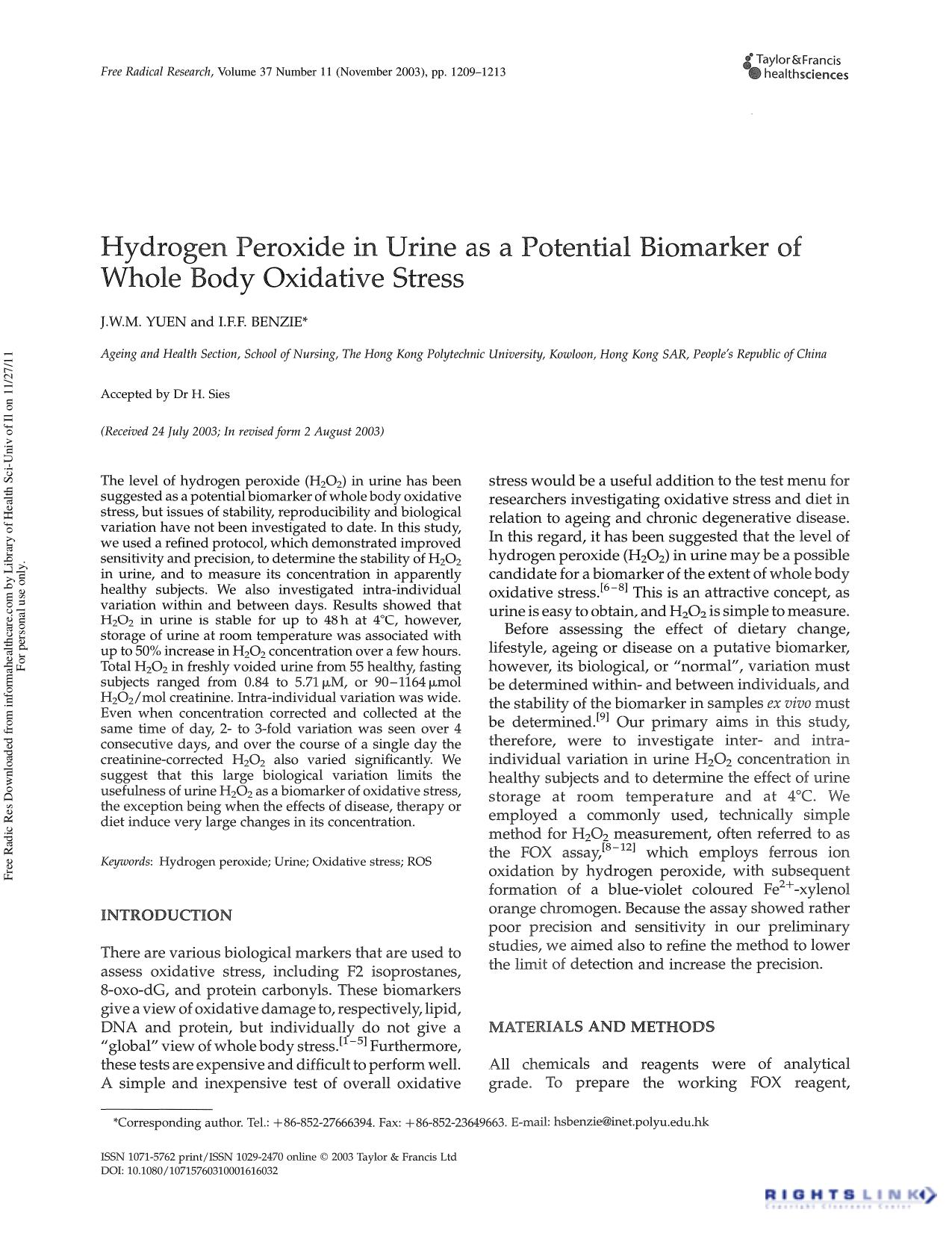 Hydrogen peroxide in urine as a potential biomarker of whole body oxidative stress by J. W. M. Yuen & I. F. F. Benzie