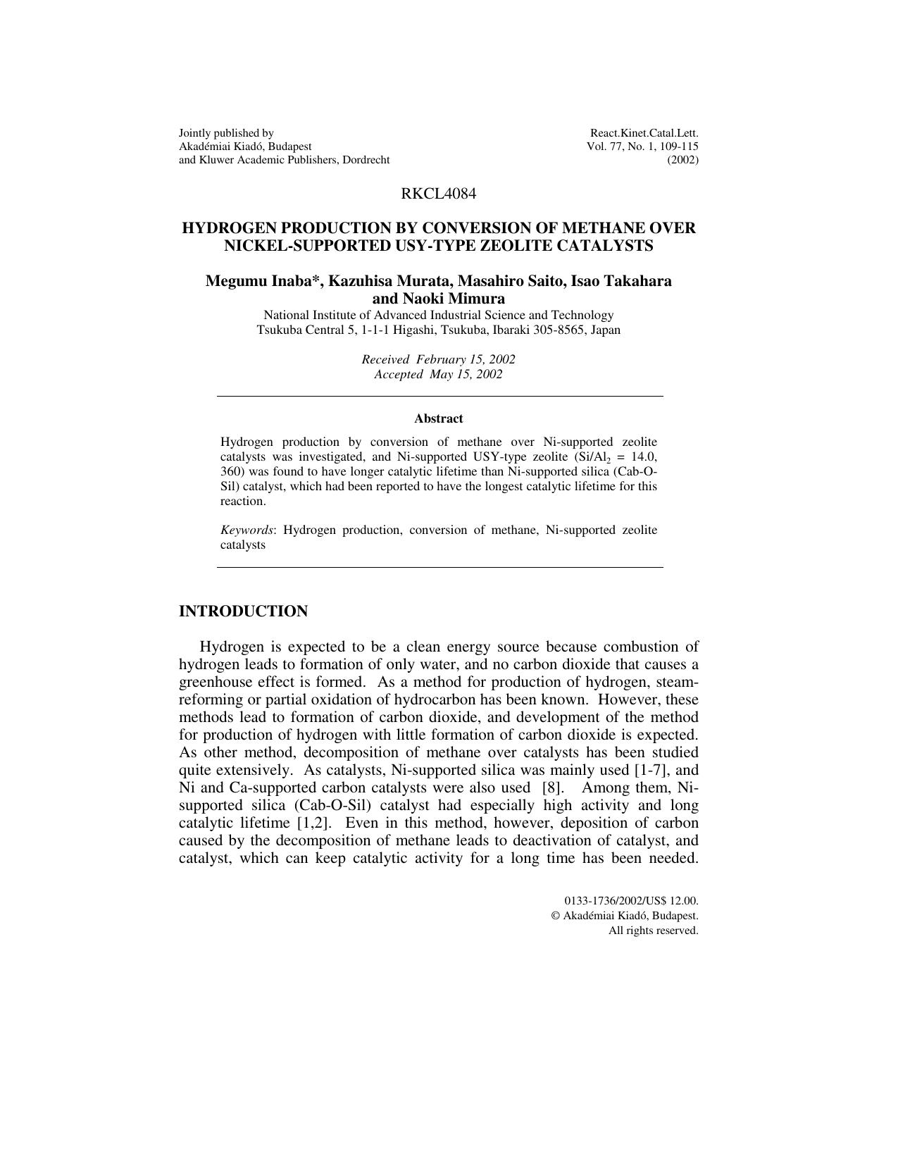 Hydrogen production by conversion of methane over nickel-supported USY-type zeolite catalysts by Unknown