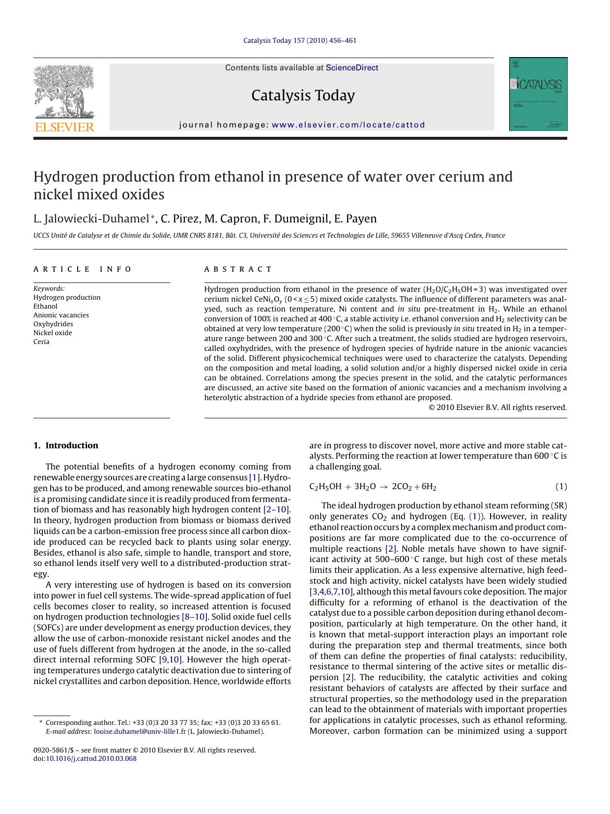 Hydrogen production from ethanol in presence of water over cerium and nickel mixed oxides by L. Jalowiecki-Duhamel