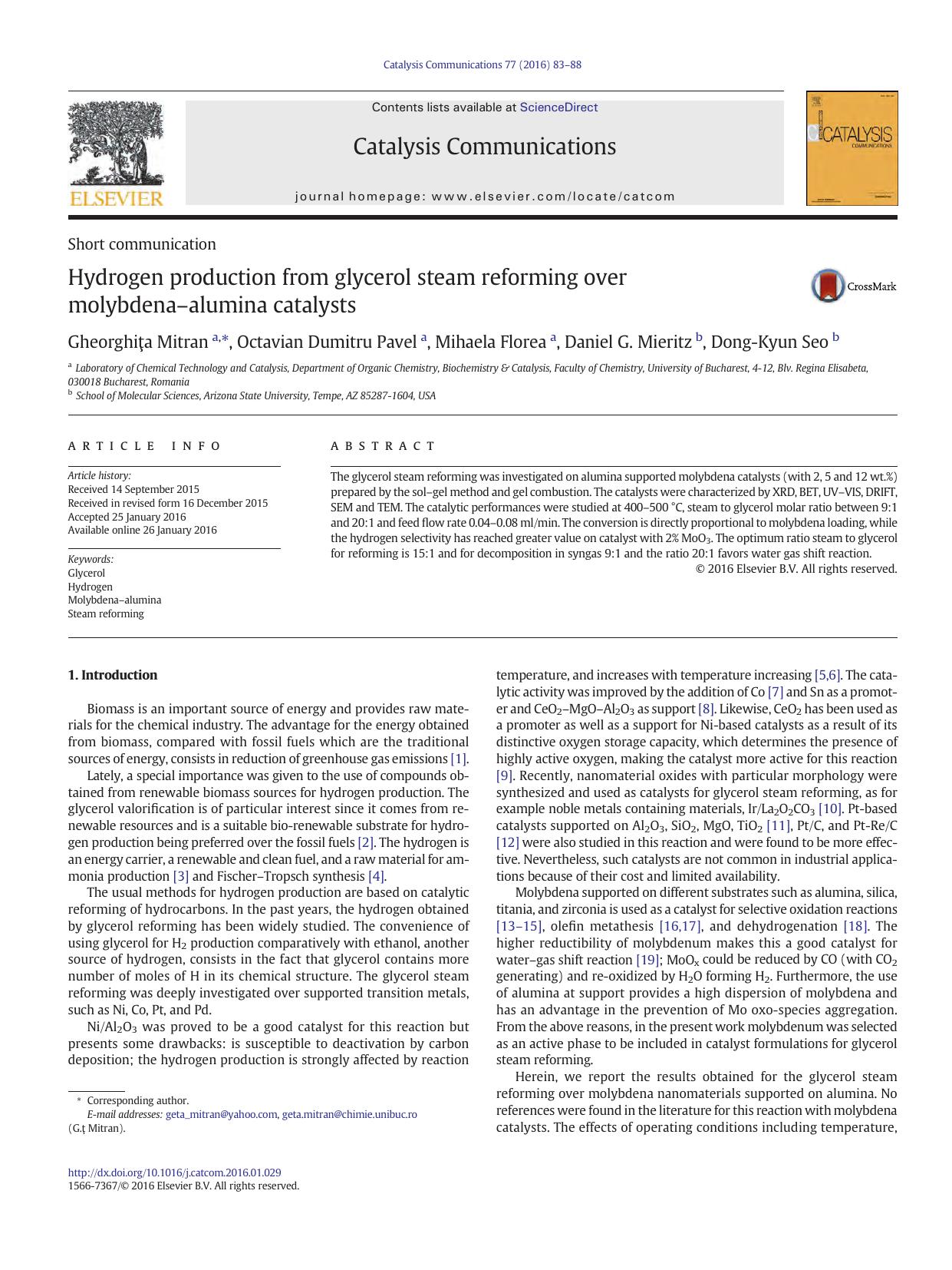 Hydrogen production from glycerol steam reforming over molybdenaâalumina catalysts by Gheorghiţa Mitran & Octavian Dumitru Pavel & Mihaela Florea & Daniel G. Mieritz & Dong-Kyun Seo