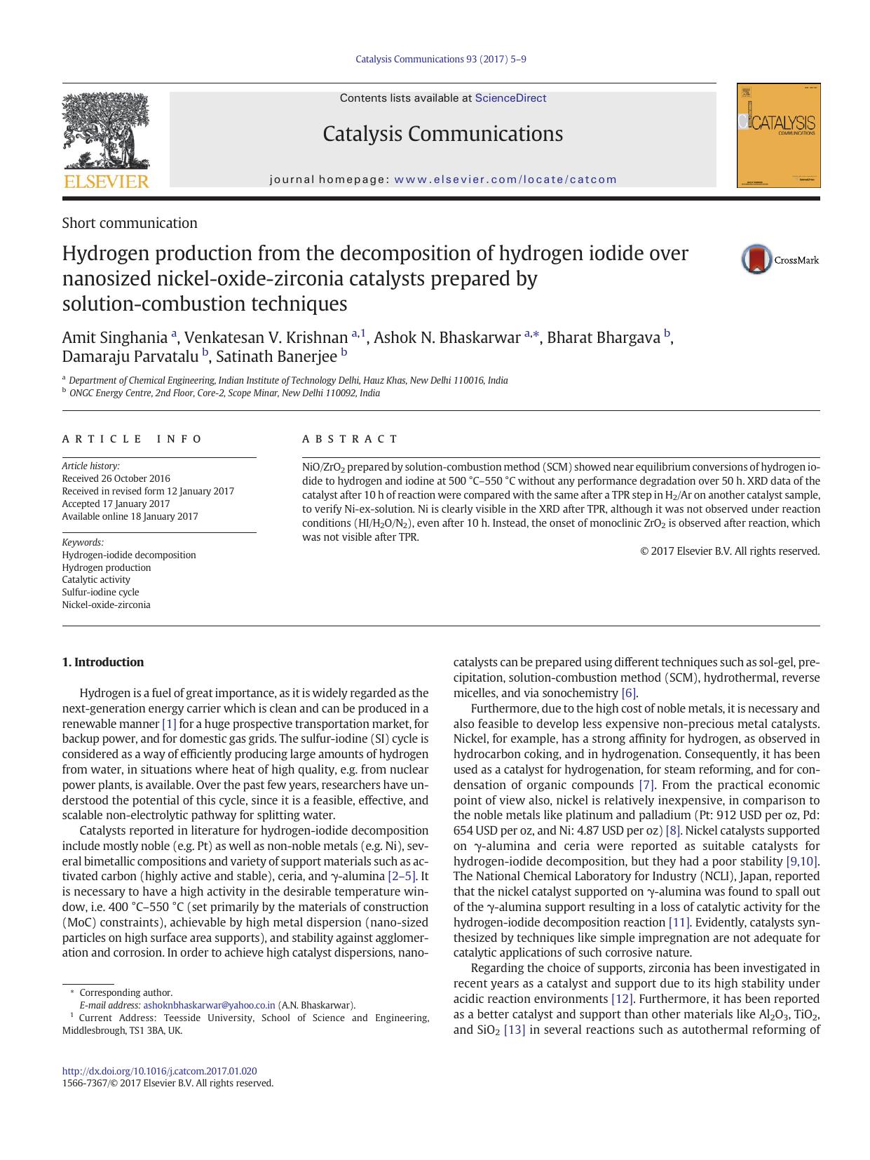 Hydrogen production from the decomposition of hydrogen iodide over nanosized nickel-oxide-zirconia catalysts prepared by solution-combustion techniques by unknow