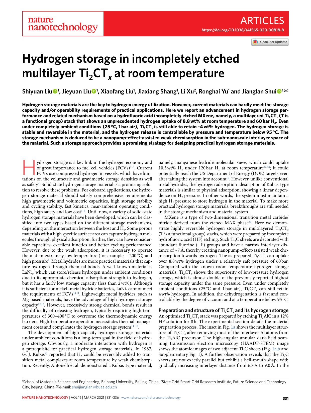 Hydrogen storage in incompletely etched multilayer Ti2CTx at room temperature by Shiyuan Liu & Jieyuan Liu & Xiaofang Liu & Jiaxiang Shang & Li Xu & Ronghai Yu & Jianglan Shui