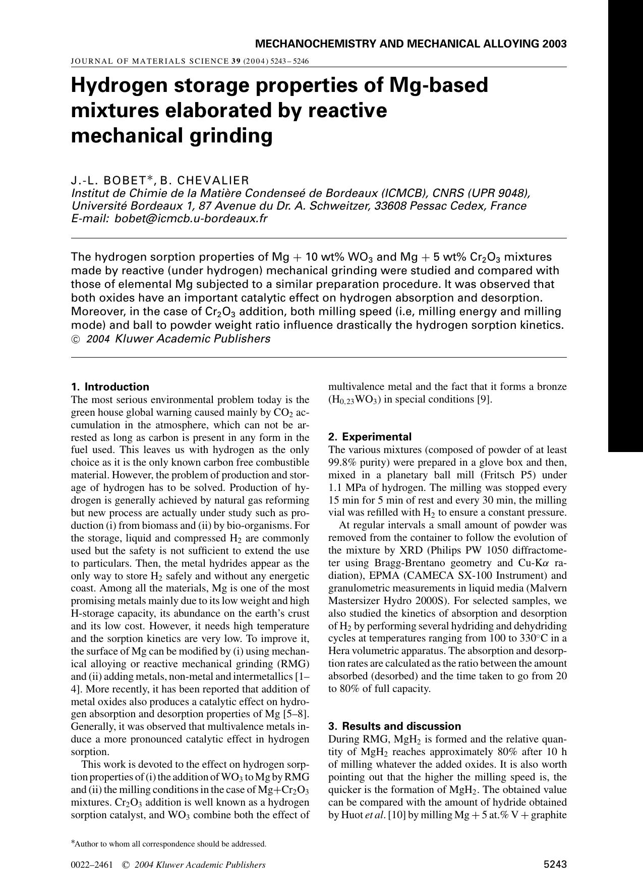 Hydrogen storage properties of Mg-based mixtures elaborated by reactive mechanical grinding by Unknown