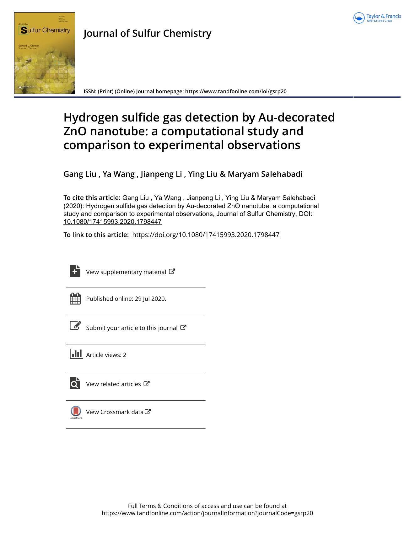 Hydrogen sulfide gas detection by Au-decorated ZnO nanotube: a computational study and comparison to experimental observations by Gang Liu; Ya Wang; Jianpeng Li; Ying Liu; Maryam Salehabadi