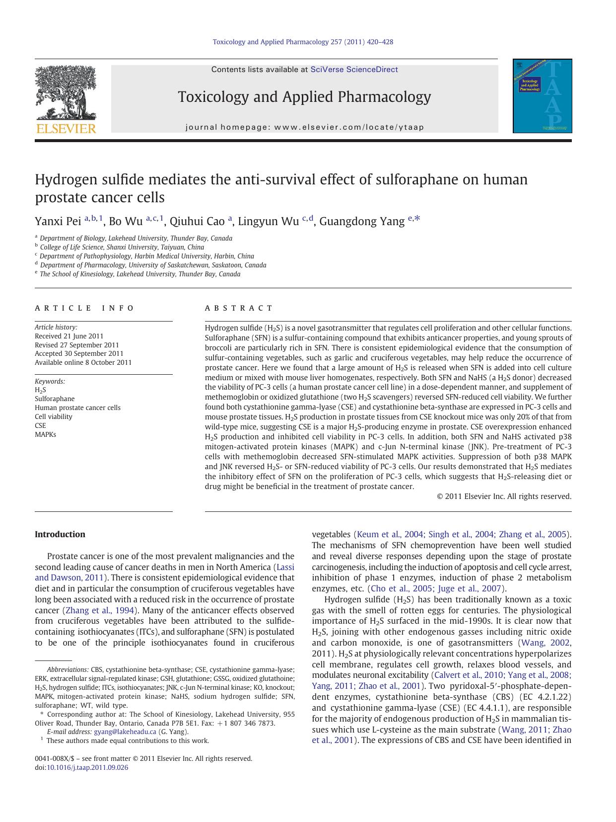 Hydrogen sulfide mediates the anti-survival effect of sulforaphane on human prostate cancer cells by Yanxi Pei