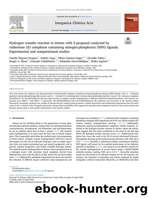 Hydrogen transfer reaction to imines with 2-propanol catalyzed by ruthenium (II) complexes containing nitrogen-phosphorus (NPN) ligands. Experimental and computational studies by unknow