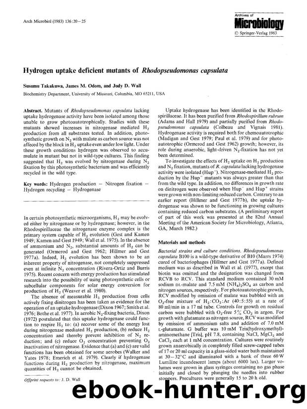 Hydrogen uptake deficient mutants of <Emphasis Type="Italic">Rhodopseudomonas capsulata<Emphasis> by Unknown