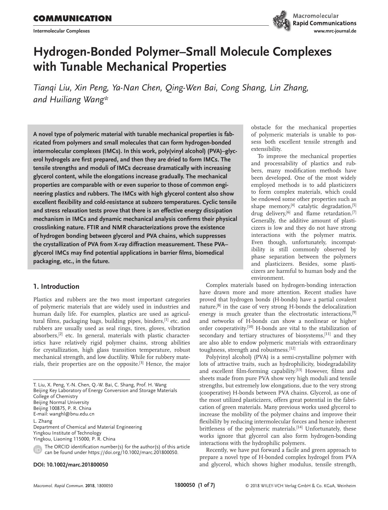 HydrogenâBonded PolymerâSmall Molecule Complexes with Tunable Mechanical Properties by Unknown