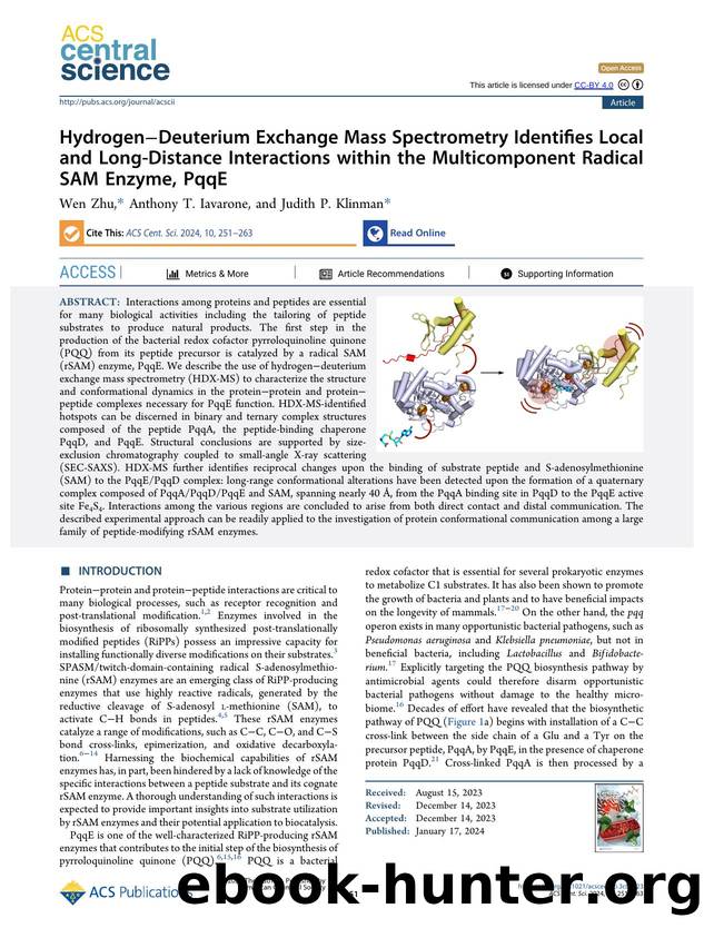 HydrogenâDeuterium Exchange Mass Spectrometry Identifies Local and Long-Distance Interactions within the Multicomponent Radical SAM Enzyme, PqqE by Wen Zhu & Anthony T. Iavarone & Judith P. Klinman (ORCID: g/0000-0001-5734-2843)